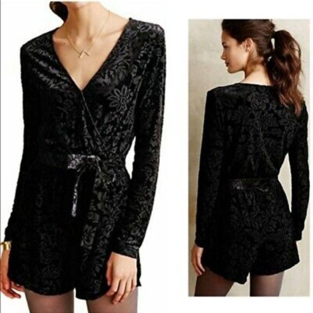 Saylor Black Velvet Belted Shorts Jumpsuit Romper
